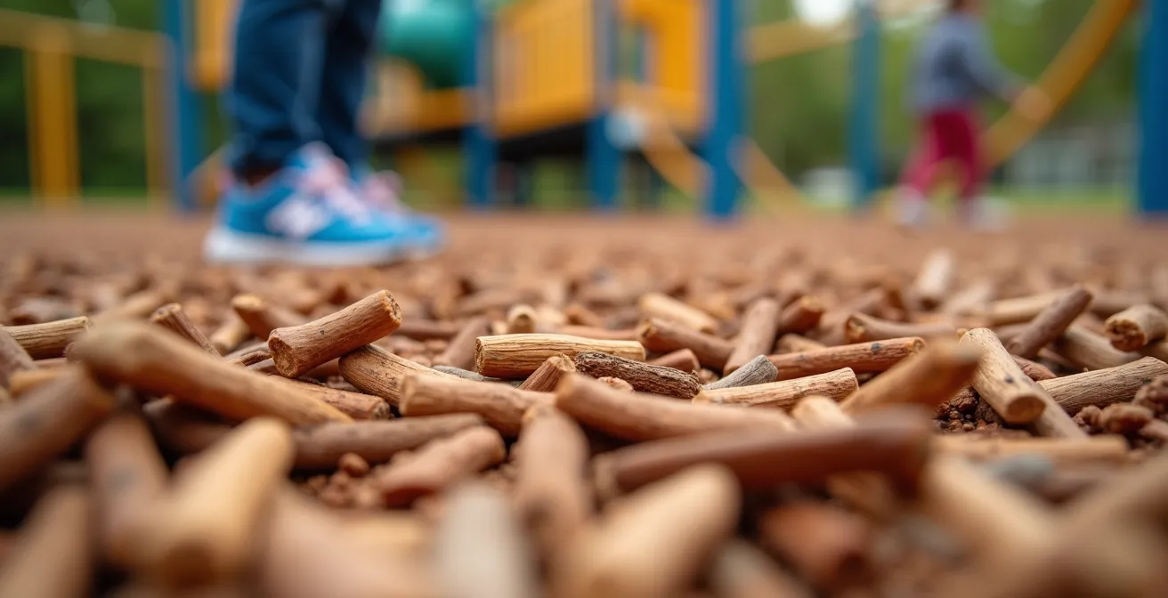 Vue macro de copeaux de cèdre sous une balançoire avec texture détaillée