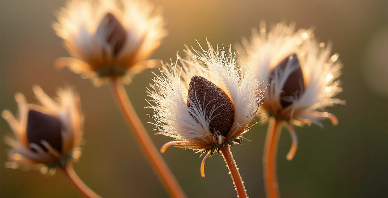 Vue macro détaillée de graines d'asclépiade du Québec avec aigrettes soyeuses prêtes à la dispersion