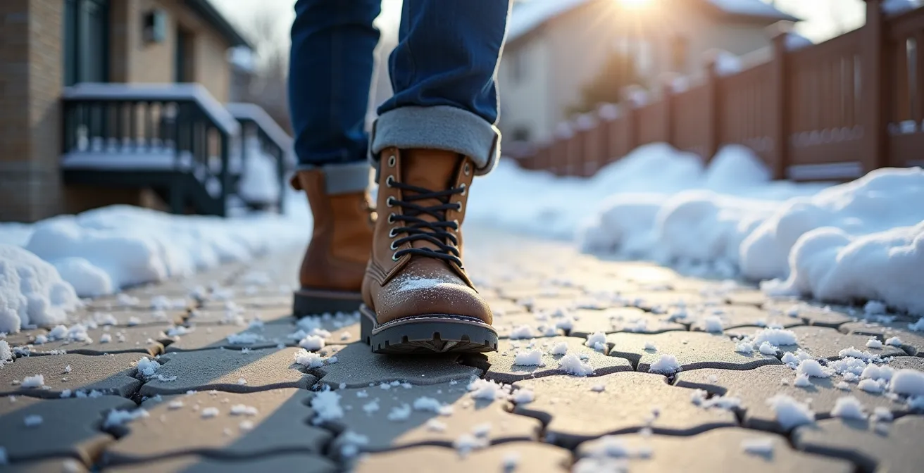 Surface de terrasse en pavé texturé résistant au gel avec légère couche de neige montrant l'adhérence