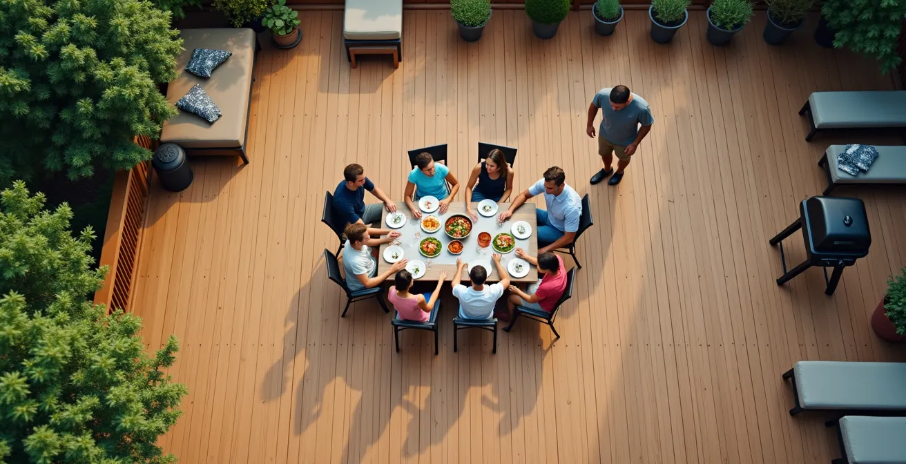 Vue plongeante d'une terrasse québécoise montrant les zones de circulation autour du mobilier et du barbecue