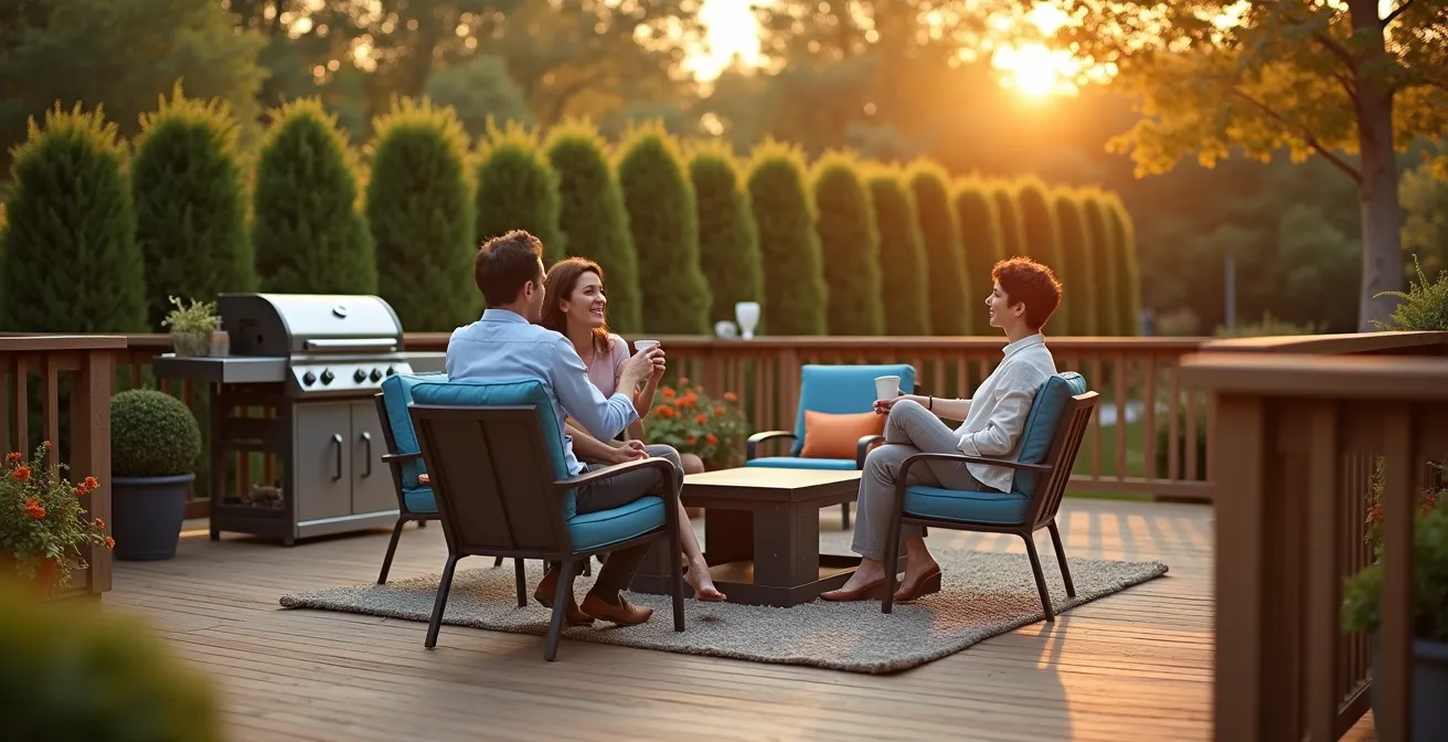 Terrasse en L d'une maison québécoise montrant deux zones d'exposition solaire distinctes avec mobilier de jardin