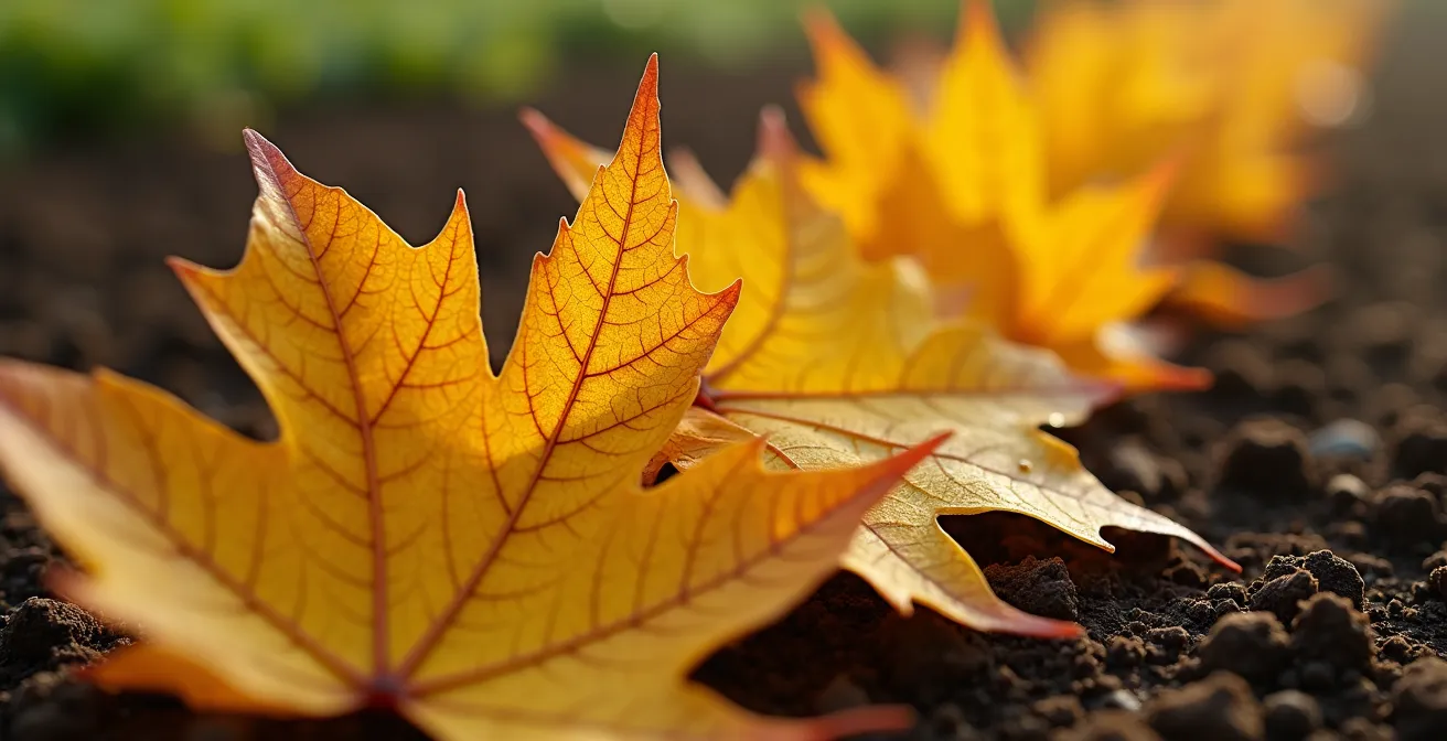 Gros plan macro sur des feuilles d'érable dorées transformées en paillis naturel dans un potager québécois