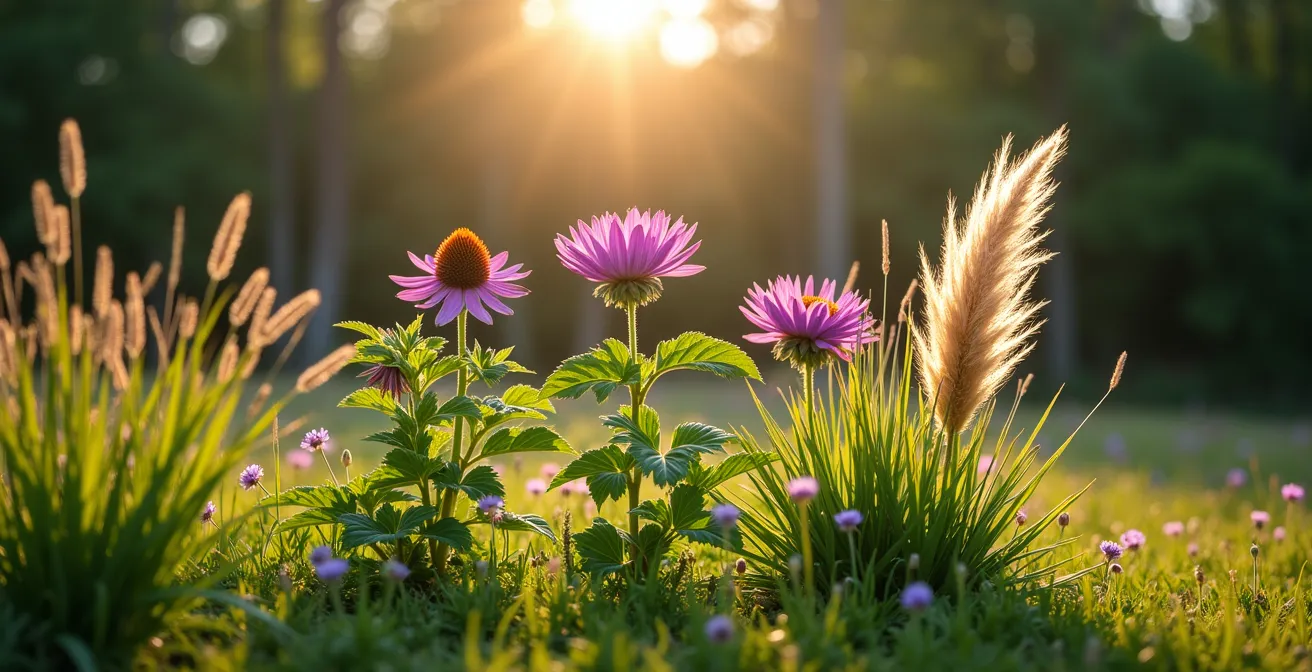 Groupe de trois plantes indigènes du Québec formant un écosystème naturel harmonieux