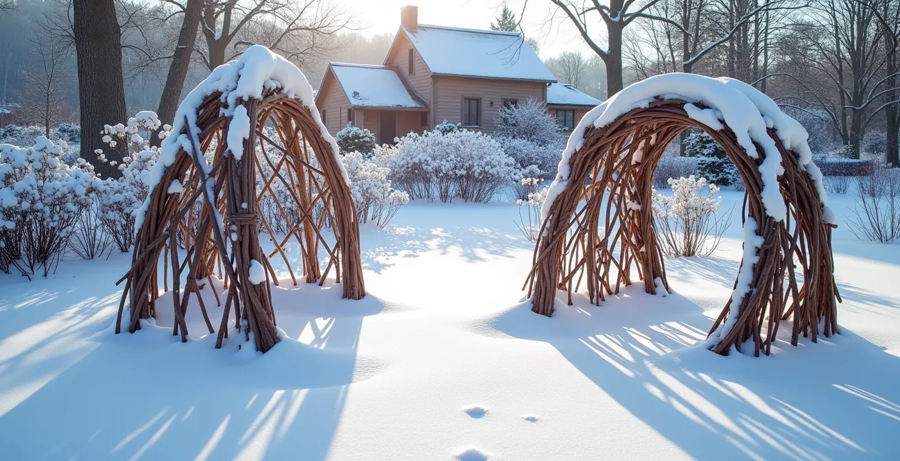 Tuteurs décoratifs en branches de saule tressées formant des arches dans un potager d'hiver