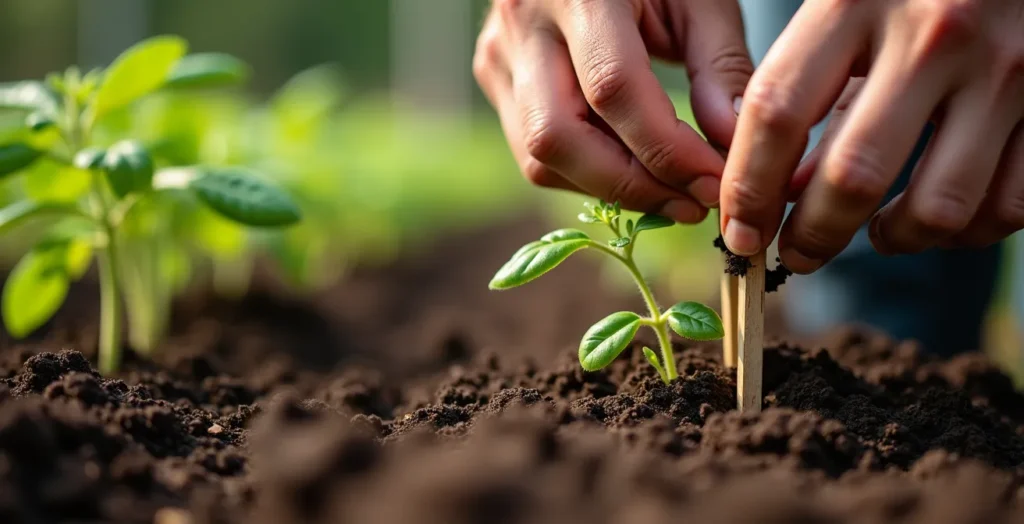 Gros plan sur l'installation d'un tuteur au moment de la transplantation d'un plant de tomate Gros plan sur l'installation d'un tuteur au moment de la transplantation d'un plant de tomate